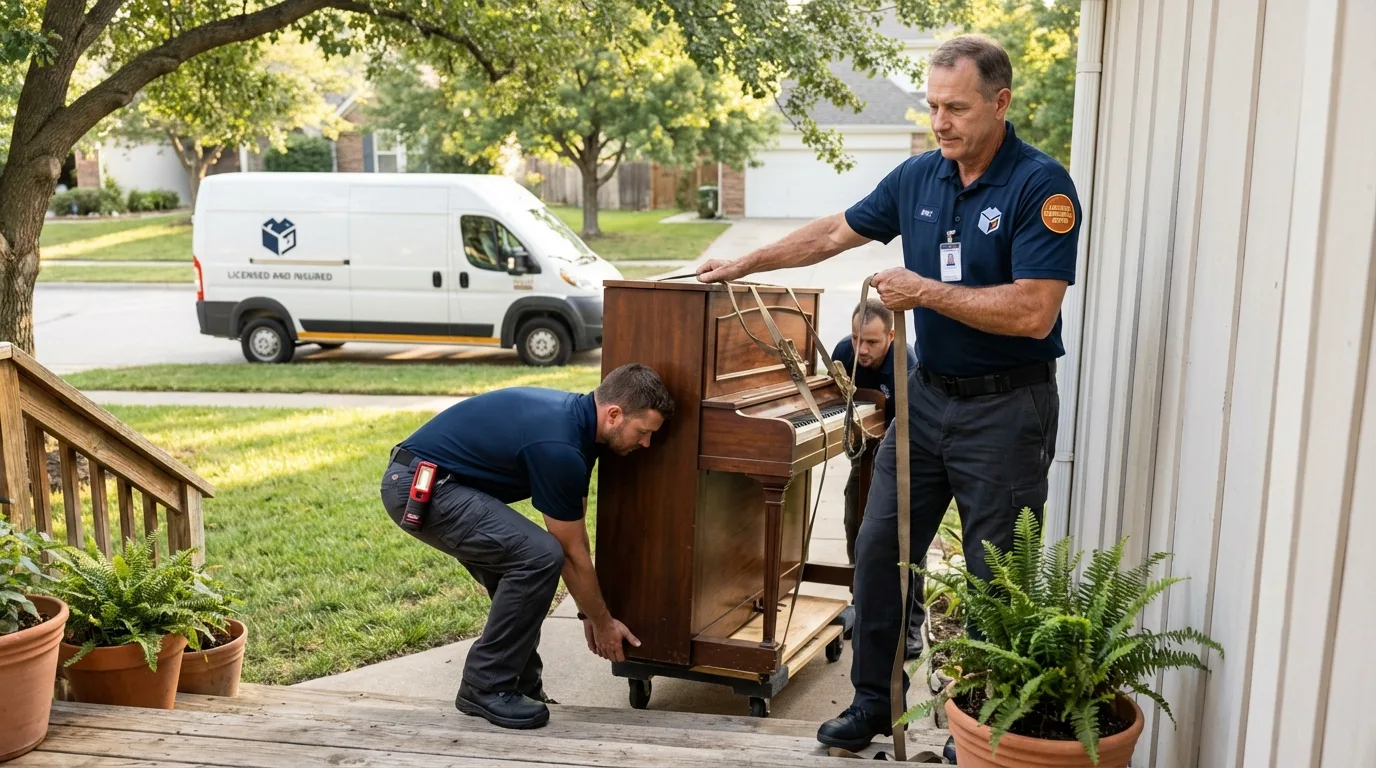 Licensed piano movers securing grand piano in Hopedale, MA