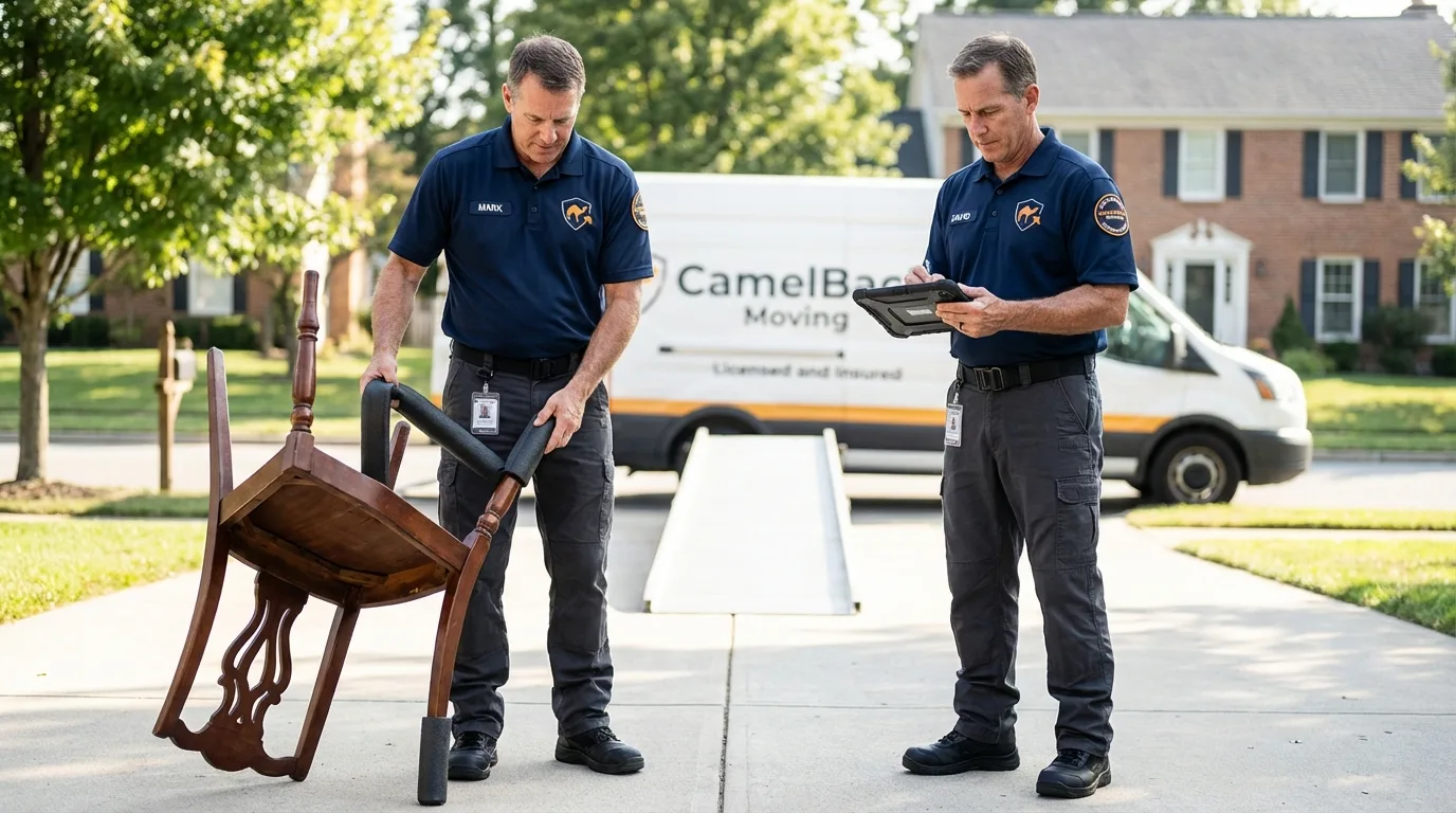Movers inspecting furniture for damage prevention before loading in Hopedale, MA