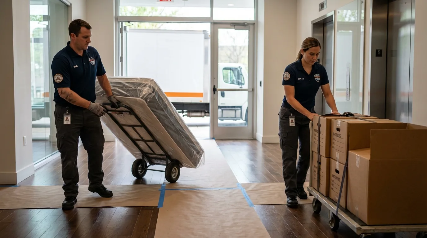 Professional apartment movers loading elevator in Hopedale, MA