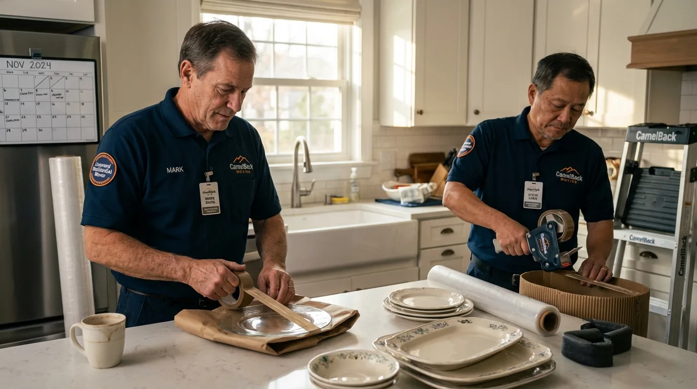 Professional crew packing kitchen dishware in Hopedale, MA